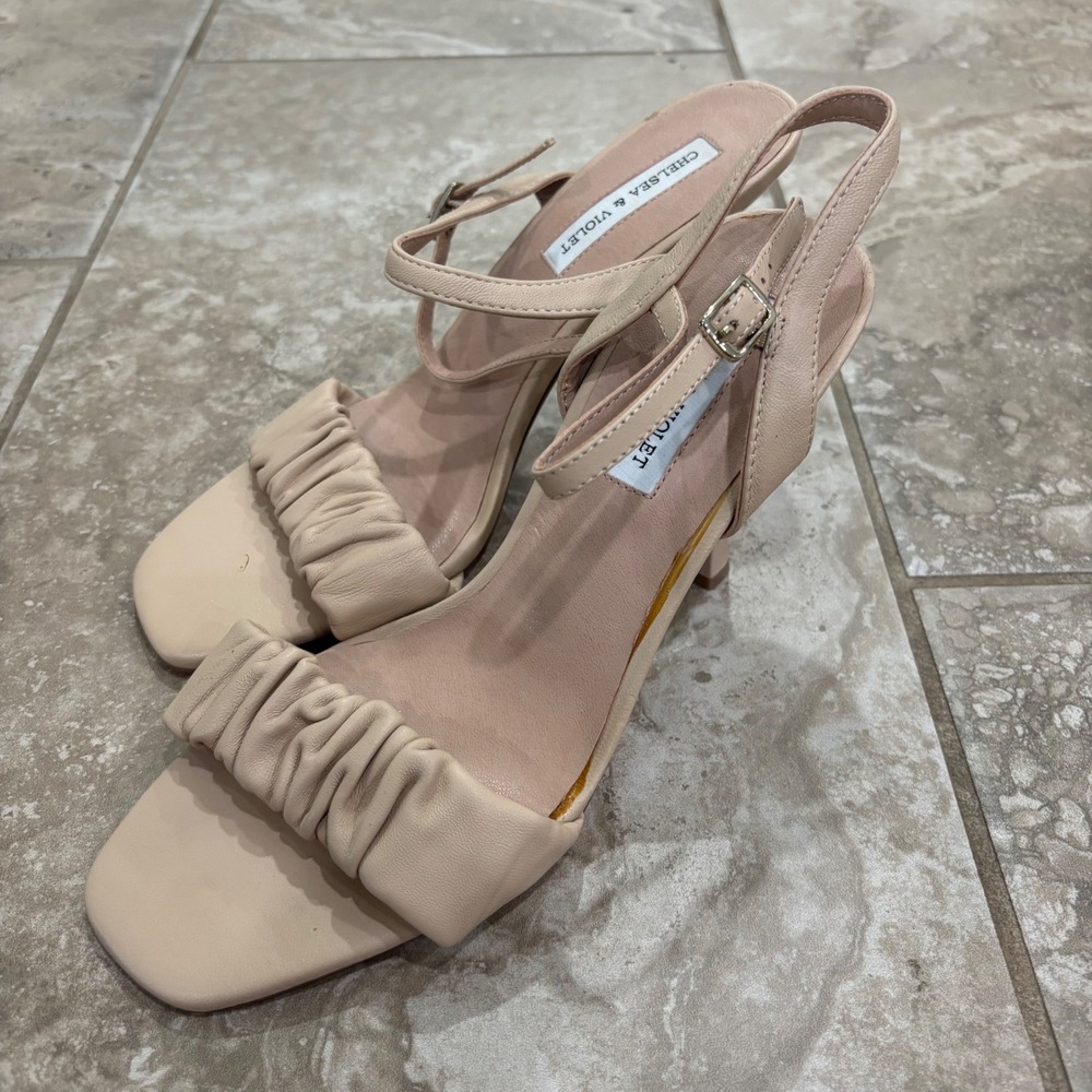 Chelsea & Violet Nude Ruched Square Toe Slingback Heels Size 9 Beige Sandals